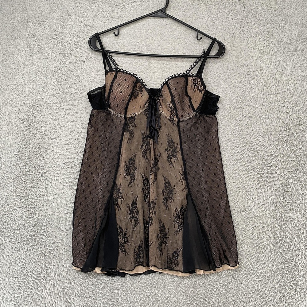 Delicates Babydoll Dress Womens Large Black Mesh Floral Lace Whims Lingerie Gown